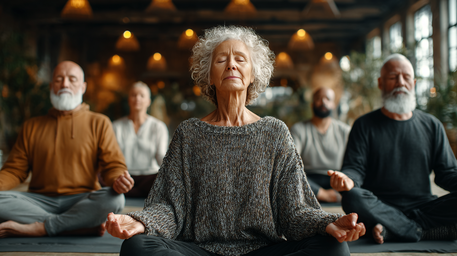 Група людей зрілого віку займається йогою у світлій студії